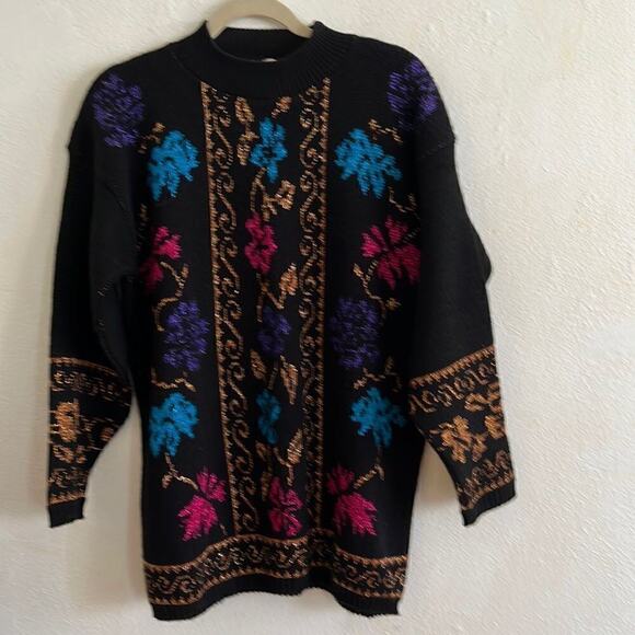 Sweaters - Vintage USA Black Holiday Sweater With Pink, Blue and Gold Floral Pattern Size L